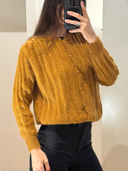 Vintage Mustard Yellow Mohair Knitted Cardigan Sweater M