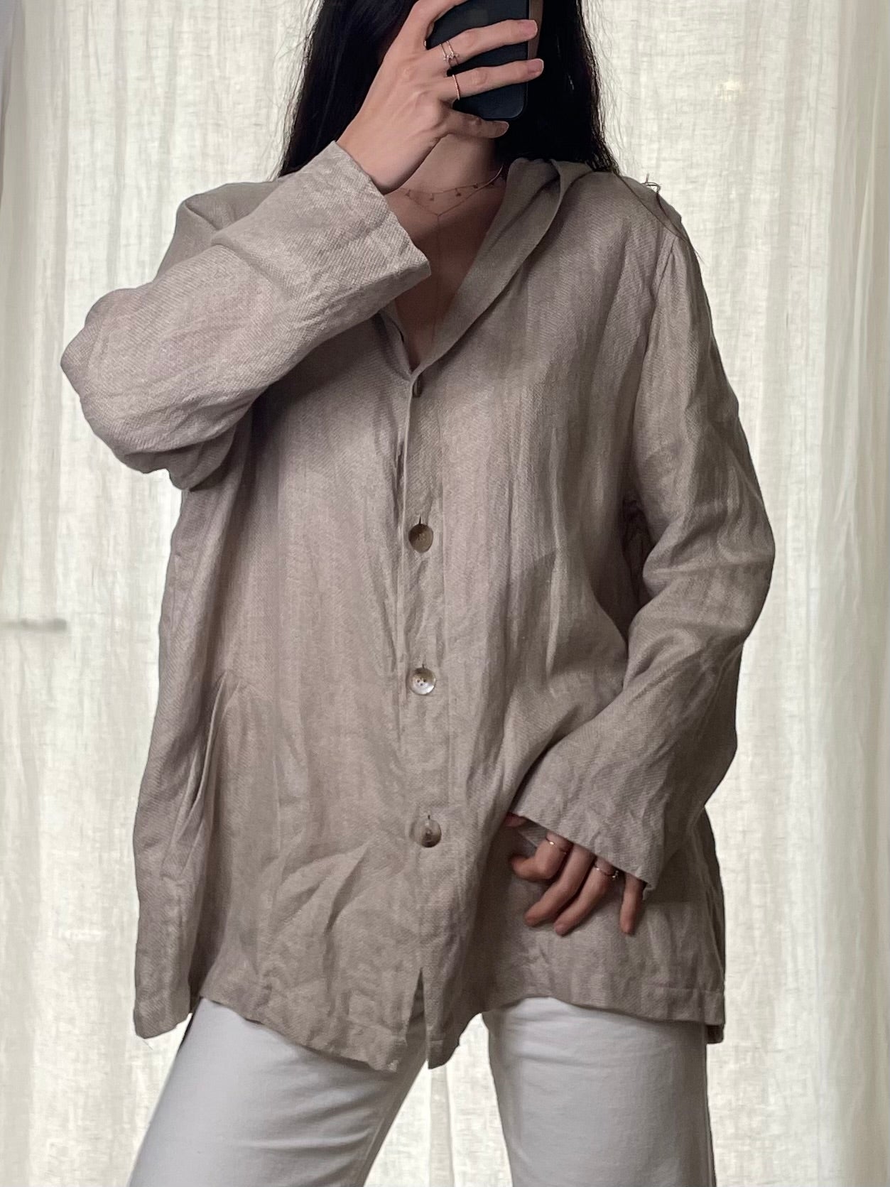 Vintage 100% Linen Flax Hoodie Top M