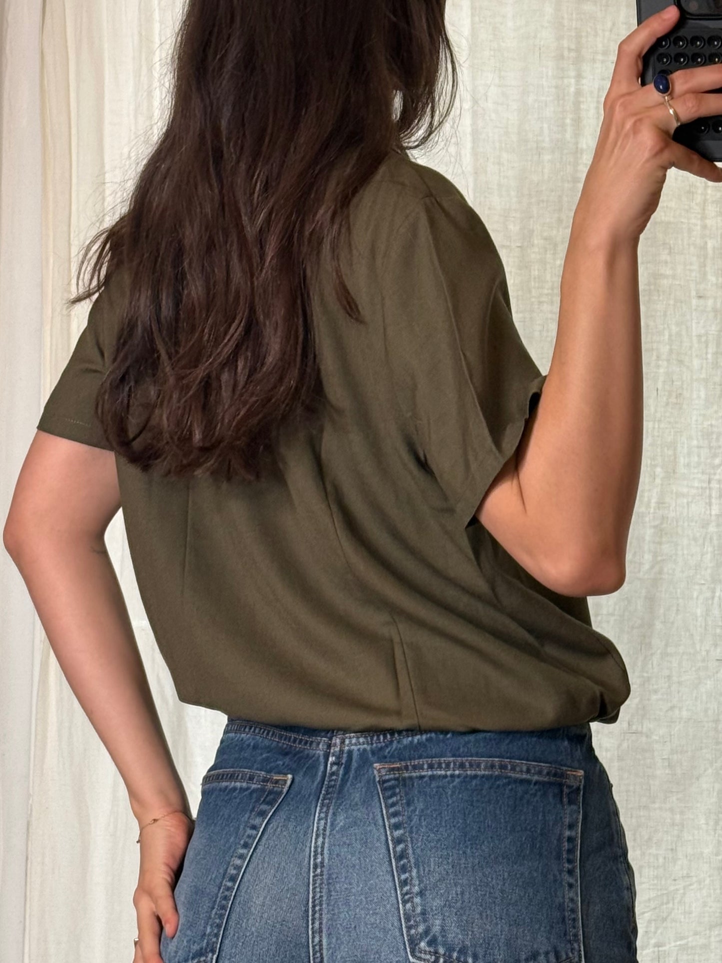 Vintage Viscose/Linen Dark Olive Green Button Down Top S