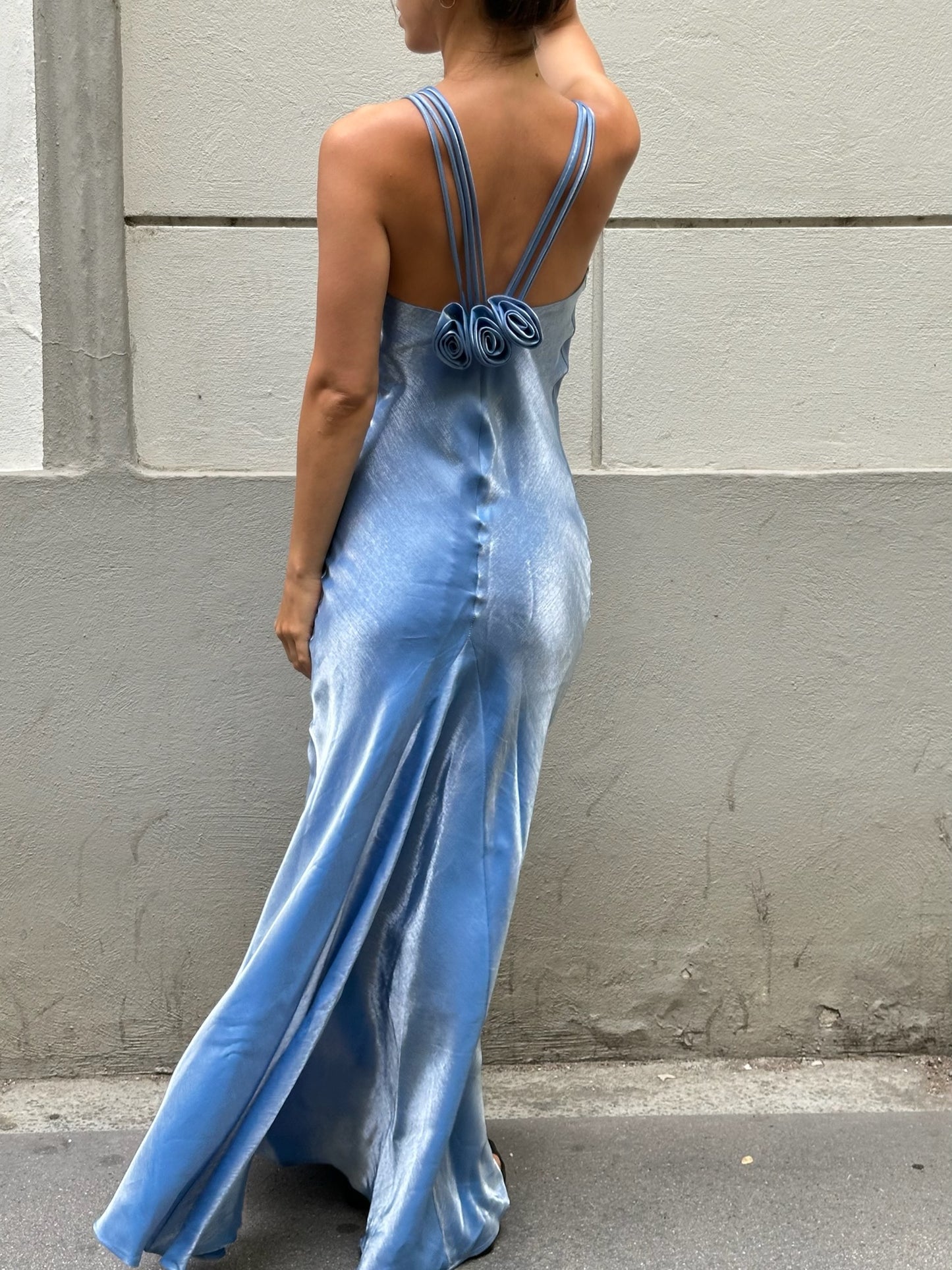 French Vintage Blue Satin Flower Back Maxi Gown S/M