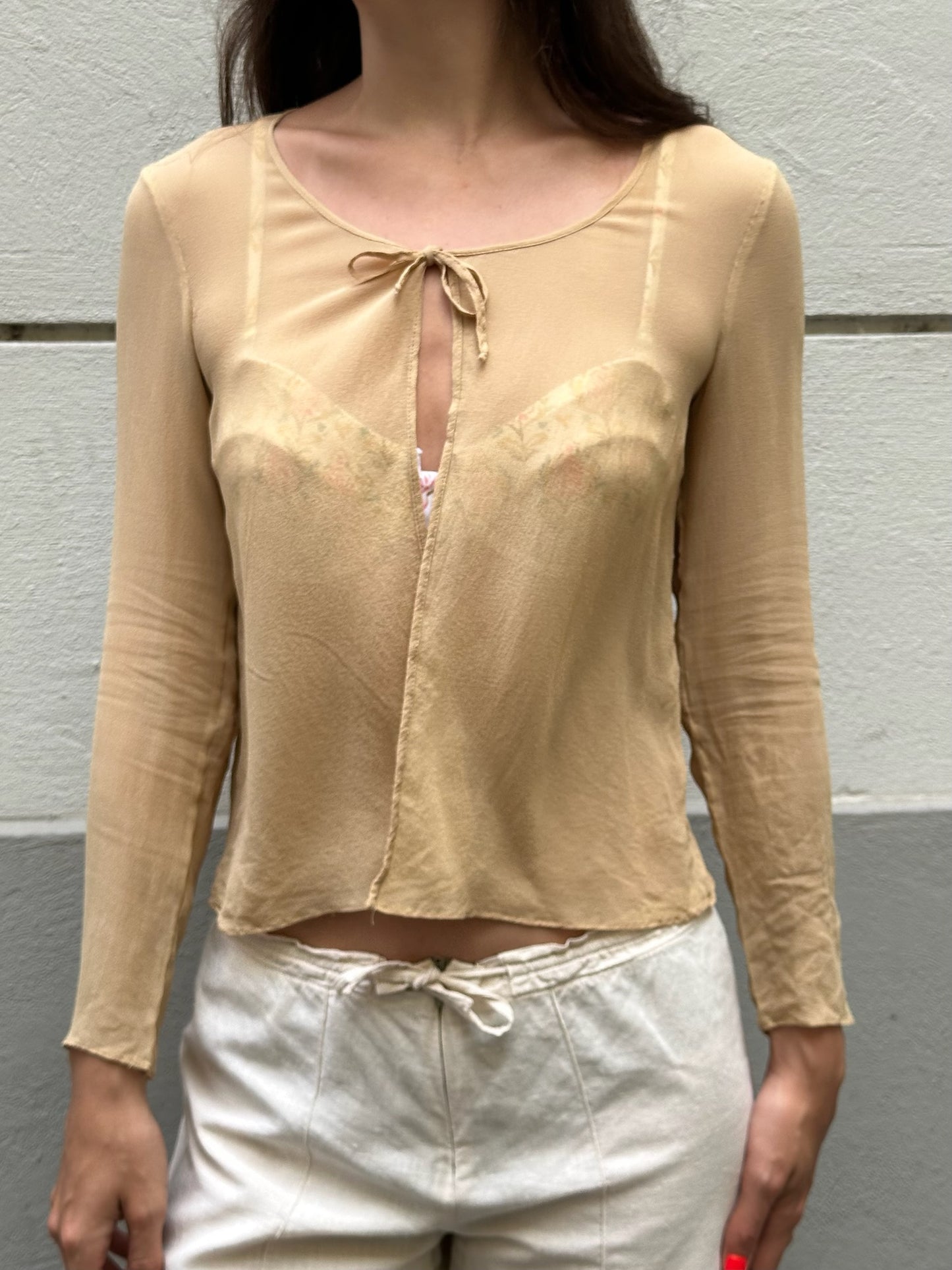 Vintage Silk Beige Single Tie Blouse S