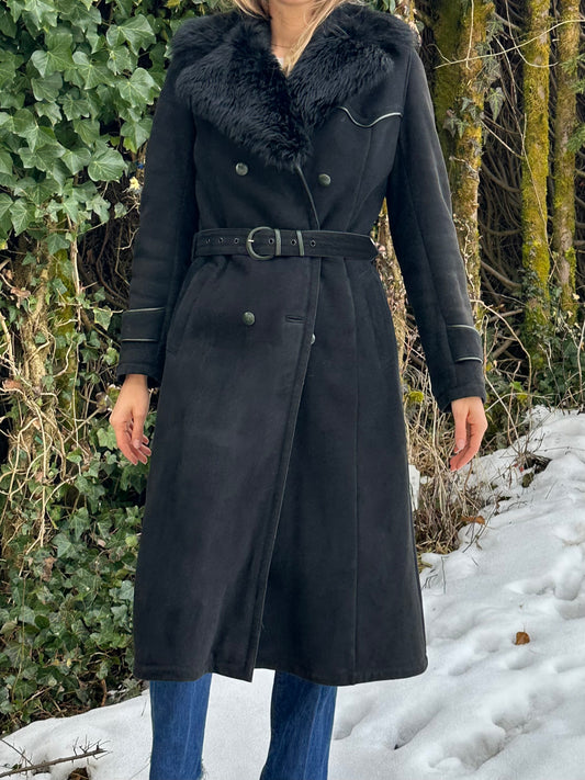 Vintage Black Shearling Coat S