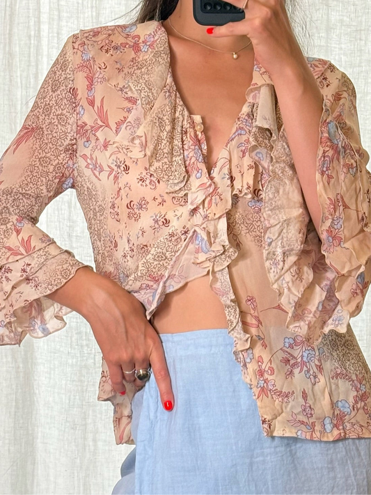 Vintage Floral Viscose Ruffle Blouse S/M