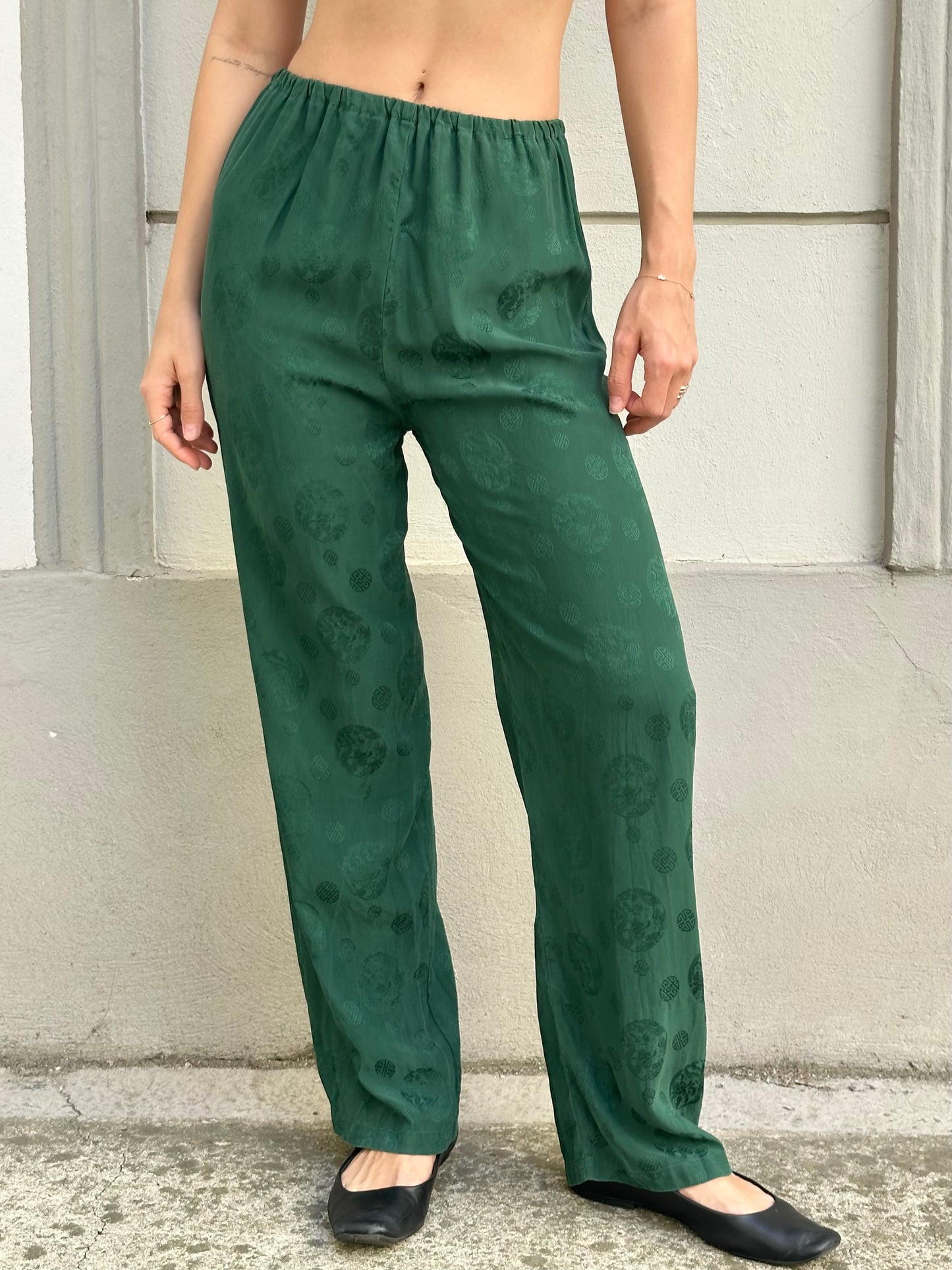 Vintage Forest Green Asian/Oriental Silk Trousers S