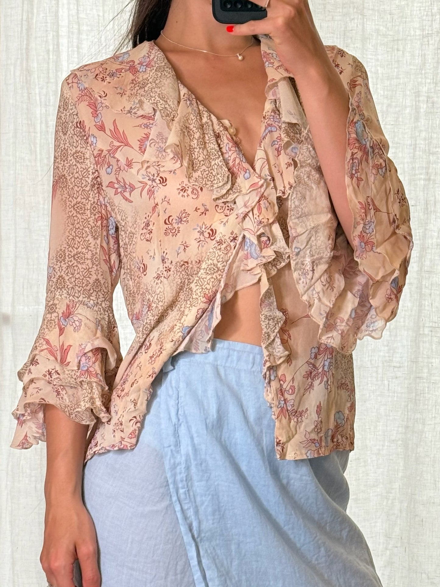 Vintage Floral Viscose Ruffle Blouse S/M