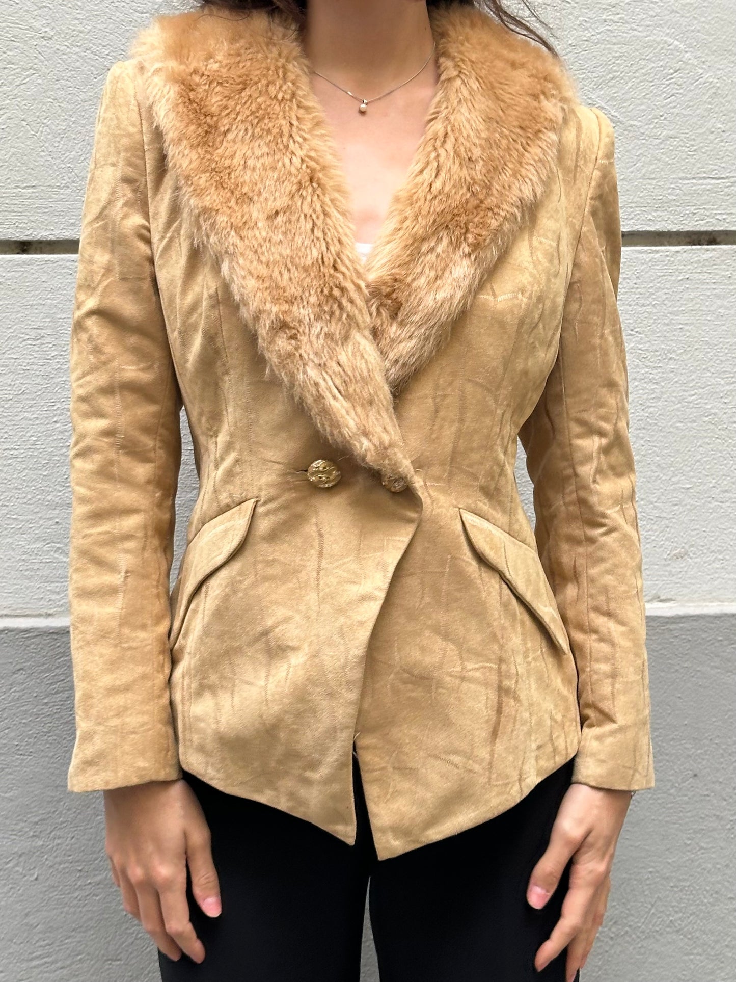 Vintage Beige Soft Fluffy Neck Blazer Jacket S