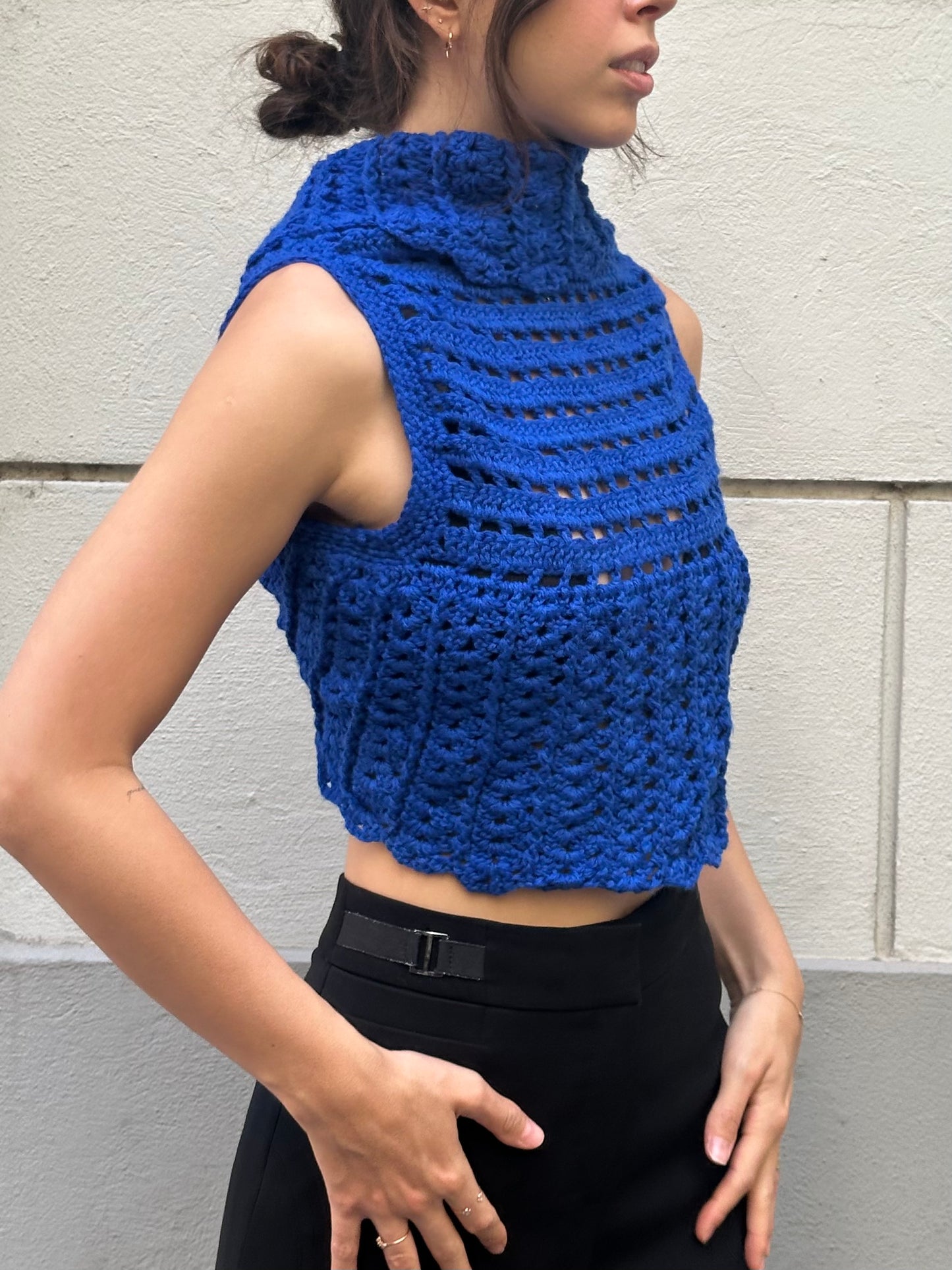 Vintage Royal Blue Handmade Knitted Crop Cardigan Bolero XS/S