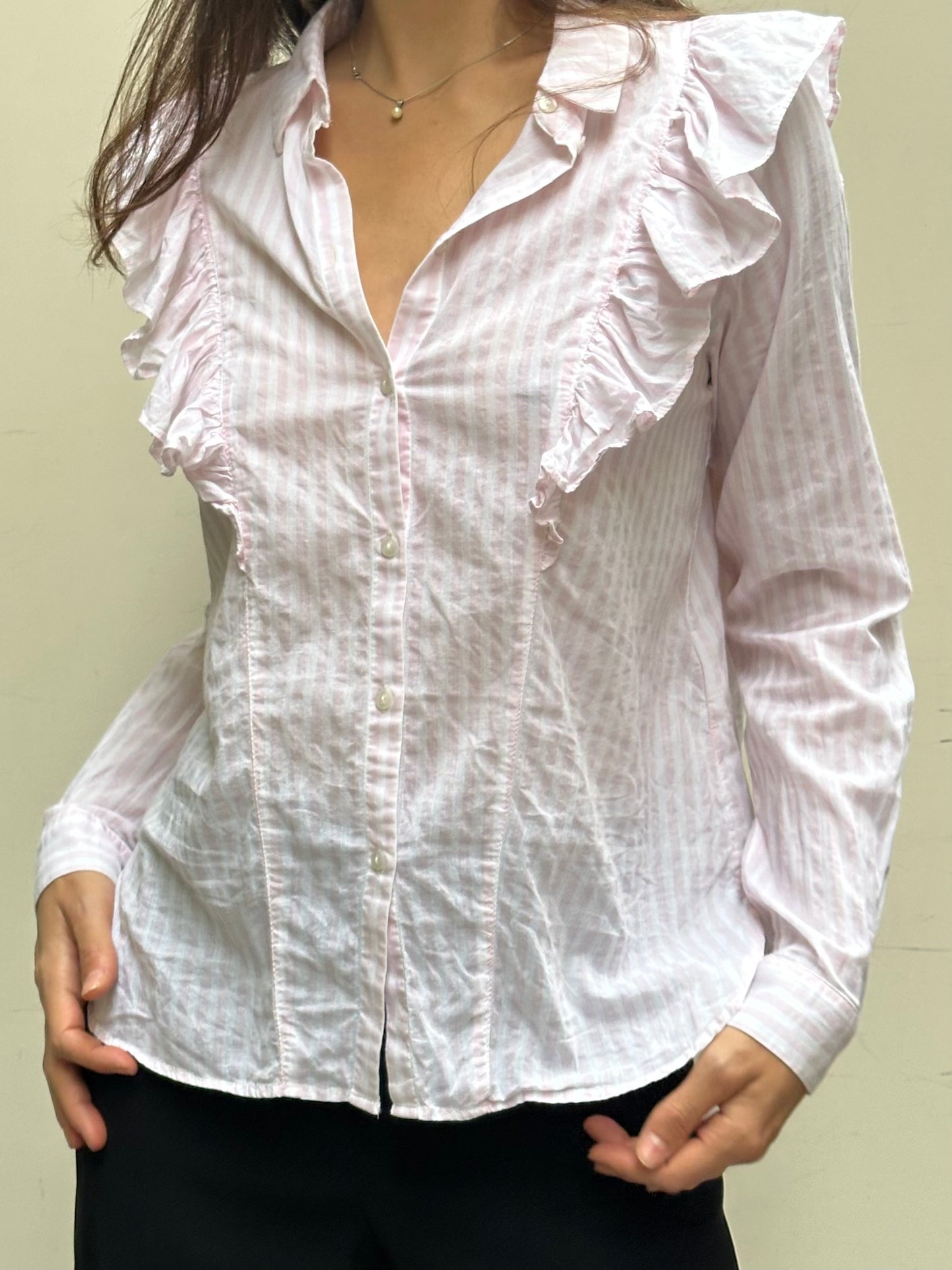 Pink & White Stripe Ruffle Front Long Sleeve Blouse S