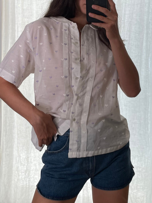 Vintage White Purple Heart Short Sleeve Shirt Blouse S