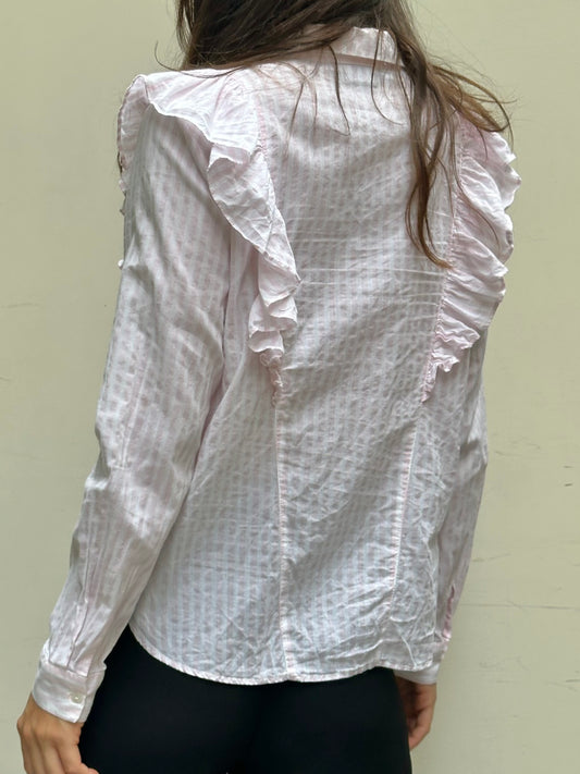 Pink & White Stripe Ruffle Front Long Sleeve Blouse S