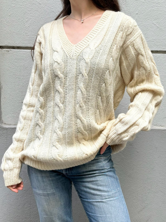 Vintage Wool Blend Cream Cable Knit Pullover Sweater L
