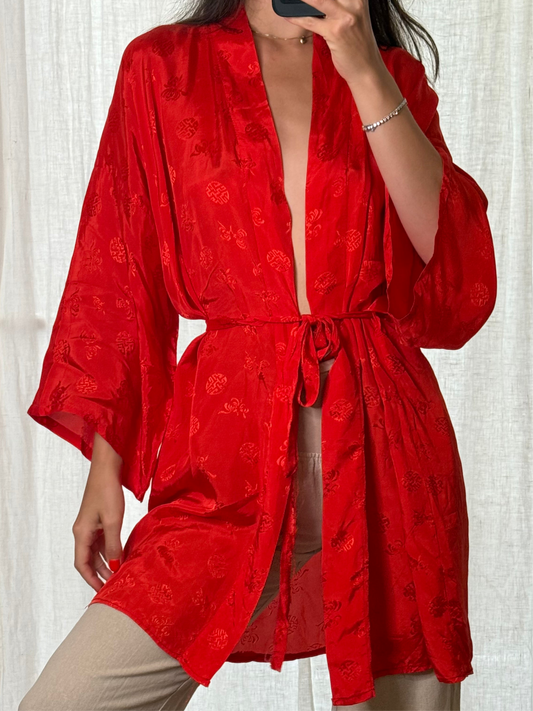 Vintage 100% Rayon Red Kimono Robe One Size