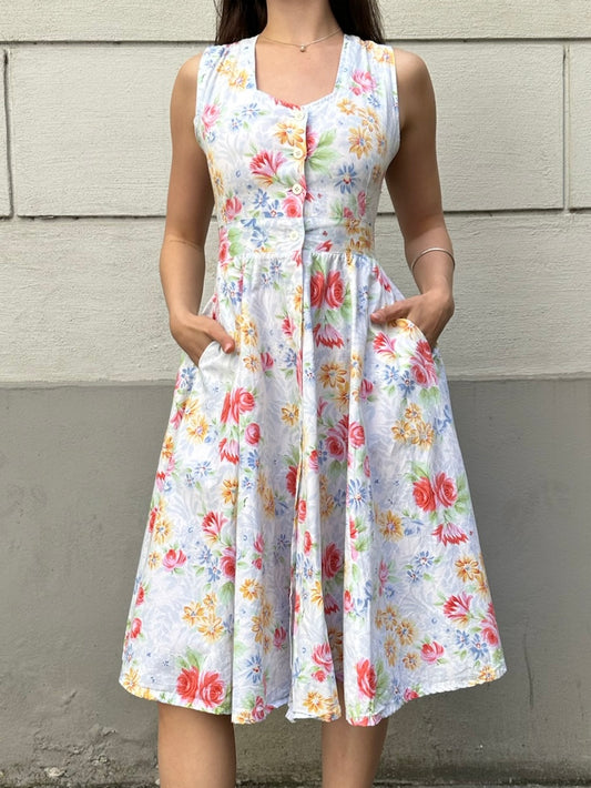 Vintage 100% Cotton Floral Strappy Back Midi Dress XS