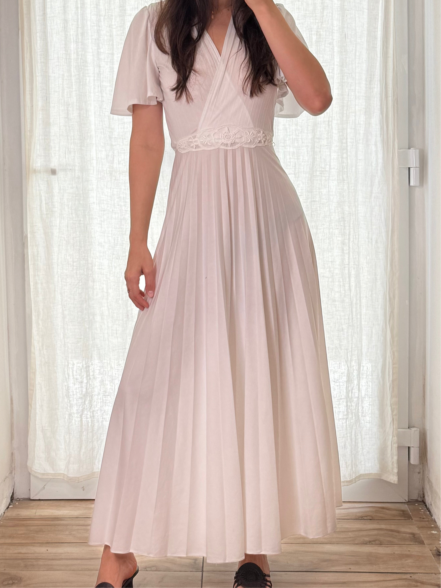 Vintage Pleated White Maxi Gown Dress S