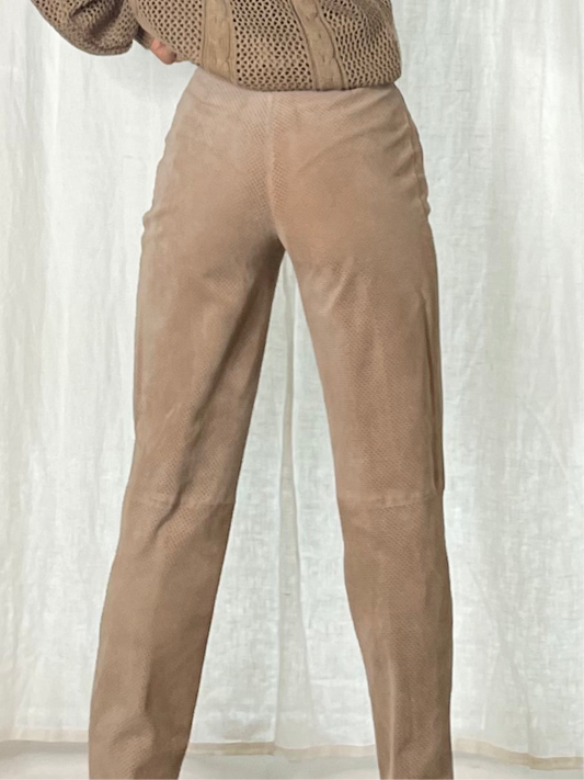 Vintage 100% Genuine Leather Beige High Waister Perforated Trousers XS EU 34