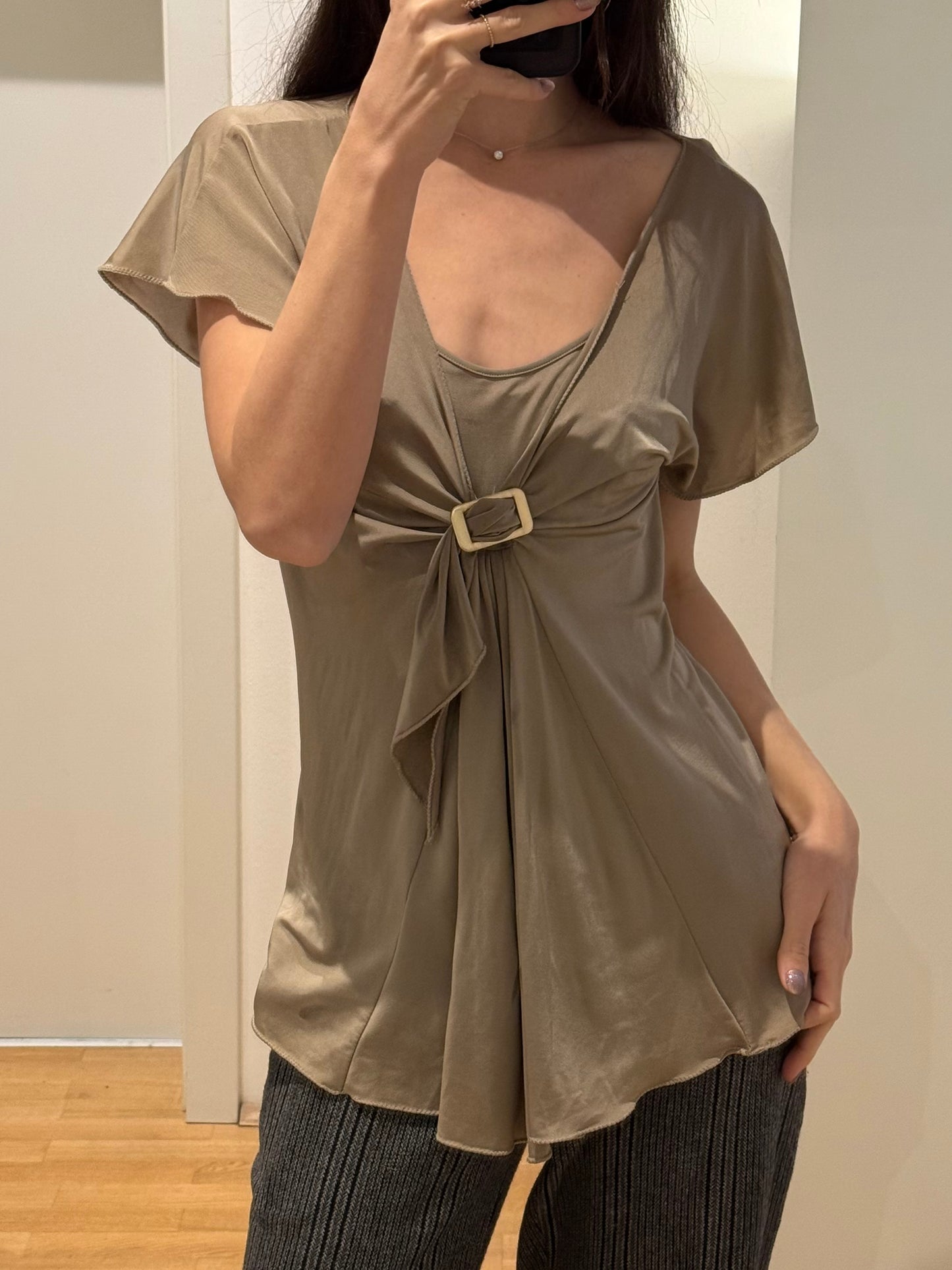 Vintage Champagne Y2K Stretchy Buckle Blouse Top S/M