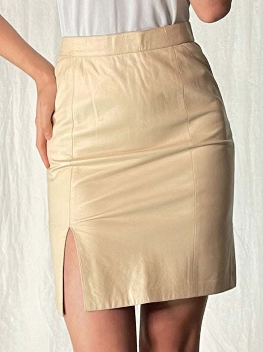 Vintage 100% Genuine Leather High Waisted Cream Skirt S