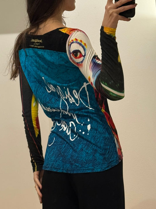 Vintage Desigual Multicolored Printed Long Sleeve Top S/M