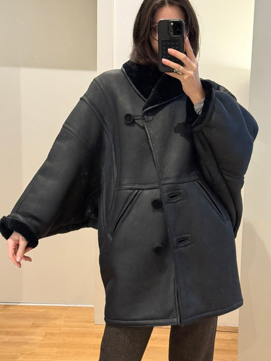 Vintage 100% Genuine Black Shearling Coat L