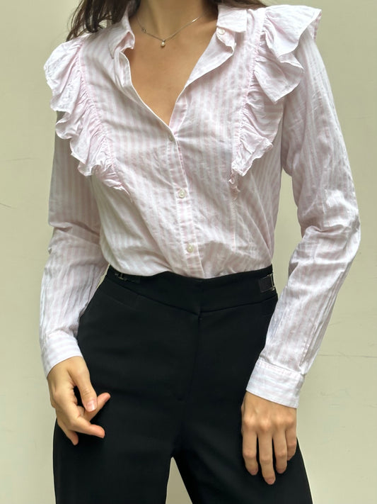 Pink & White Stripe Ruffle Front Long Sleeve Blouse S