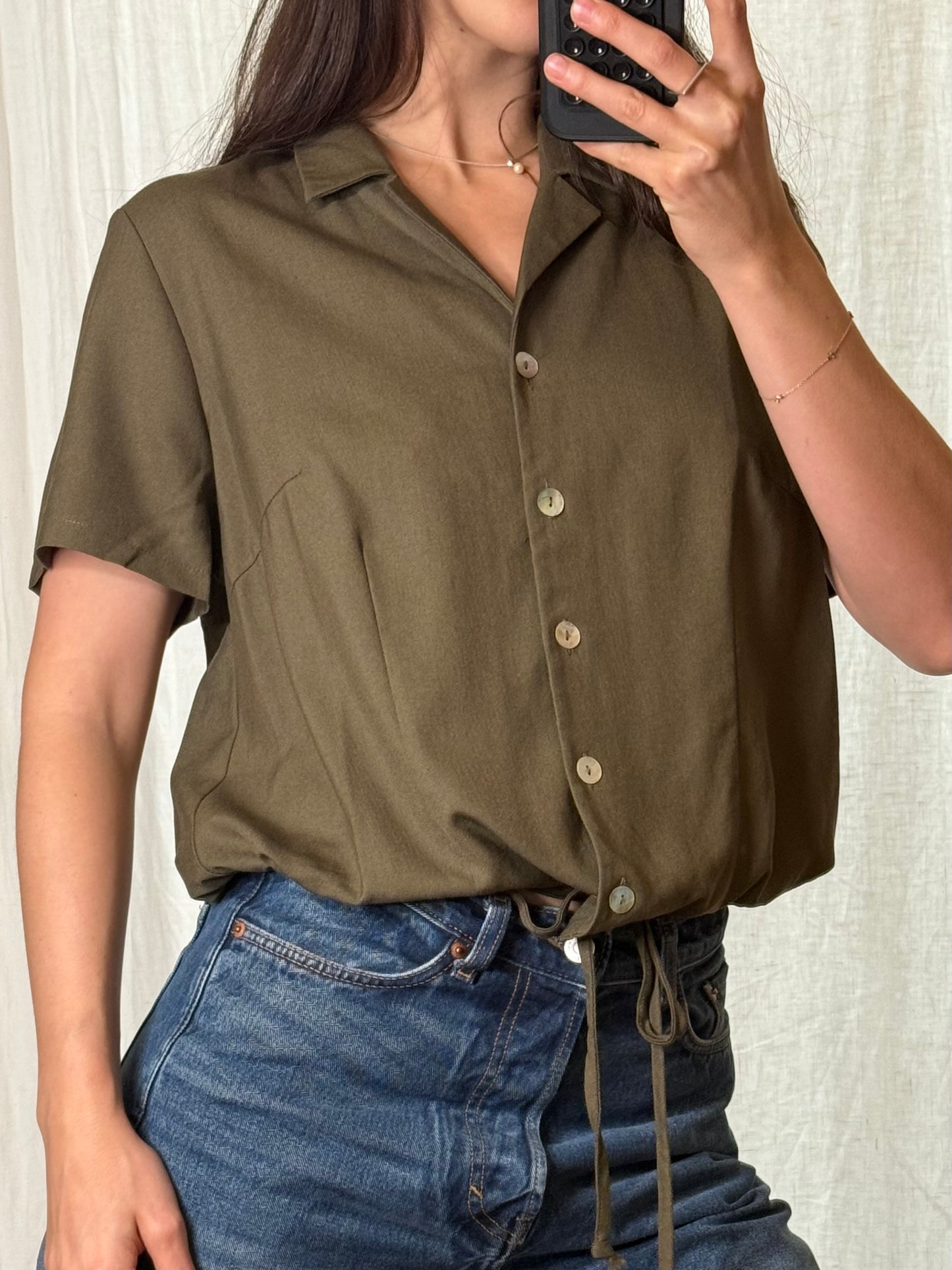 Vintage Viscose/Linen Dark Olive Green Button Down Top S
