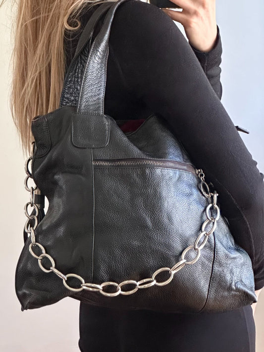 Vintage Leather Bag With Silver Chain