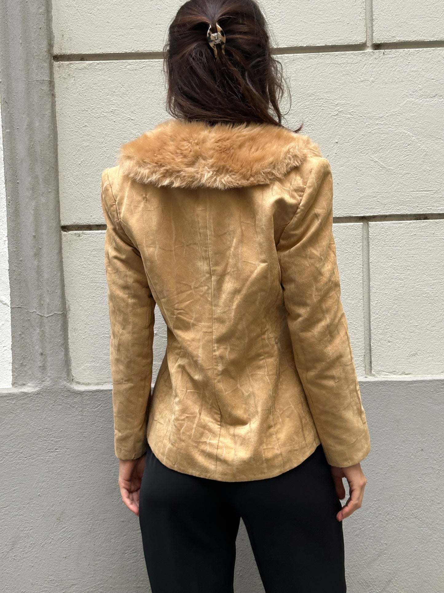 Vintage Beige Soft Fluffy Neck Blazer Jacket S