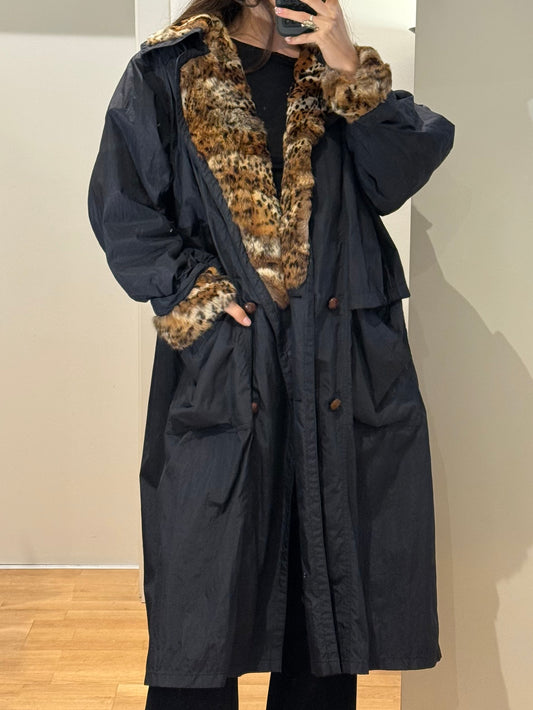 Vintage Black Navy Blue & Cheetah Print Fur Trench Coat L/XL