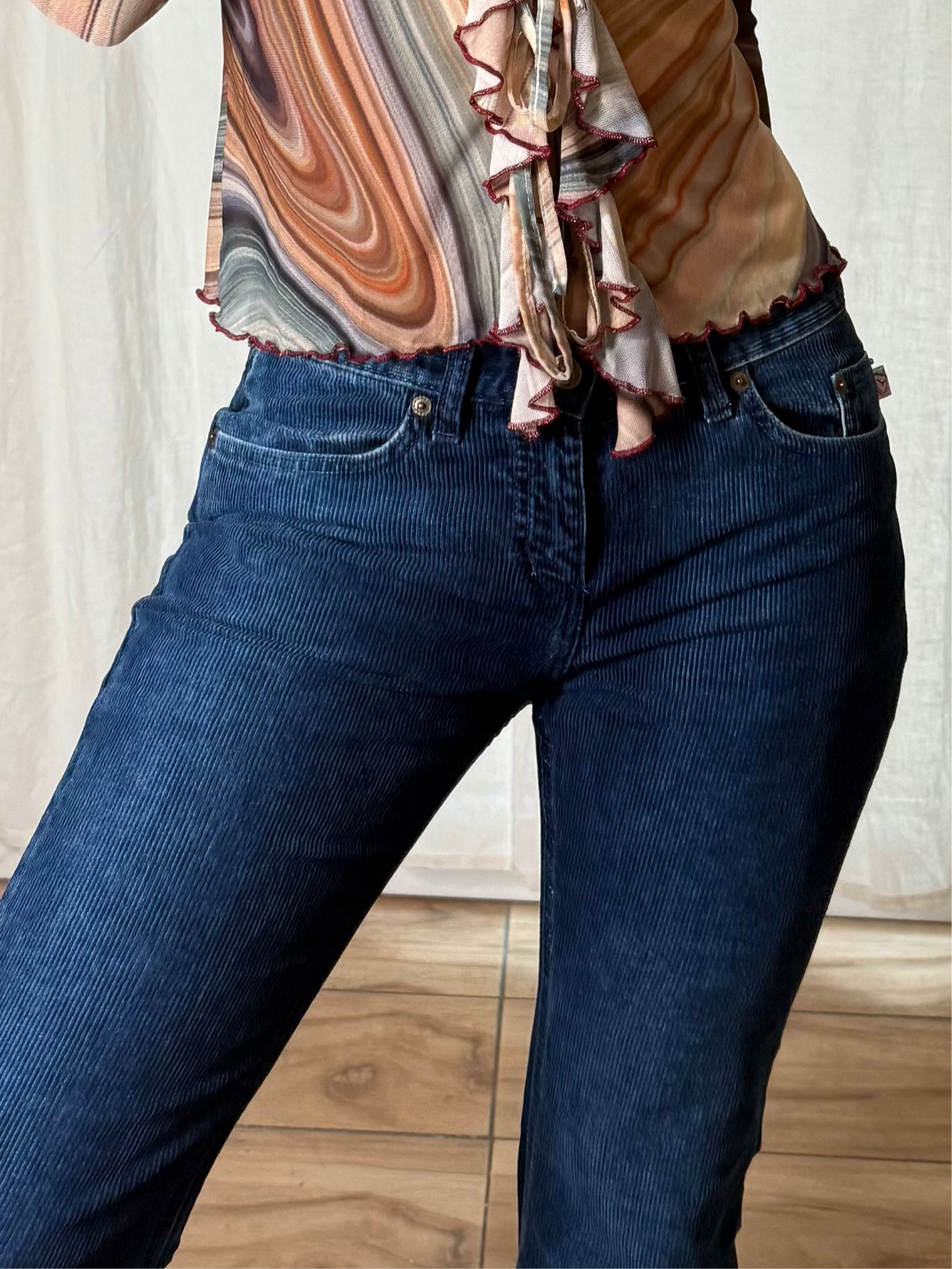 Vintage Blue Corduroy Low Waist Flared Trousers XS/S EU 34