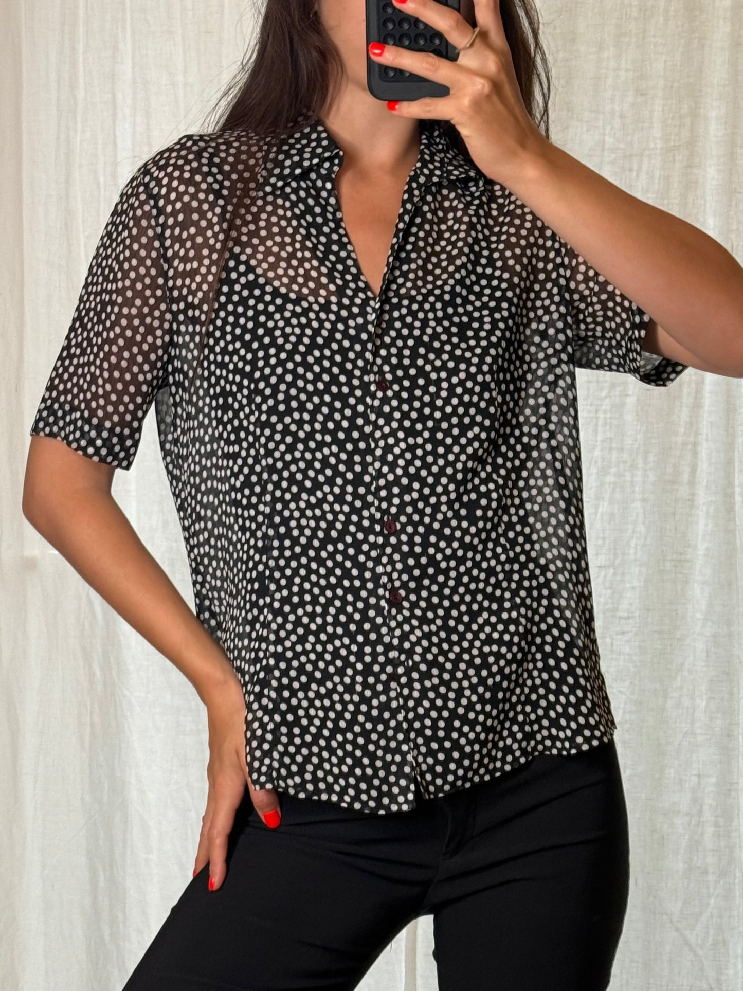 Black & White Polka Dot Collared Shirt Top S