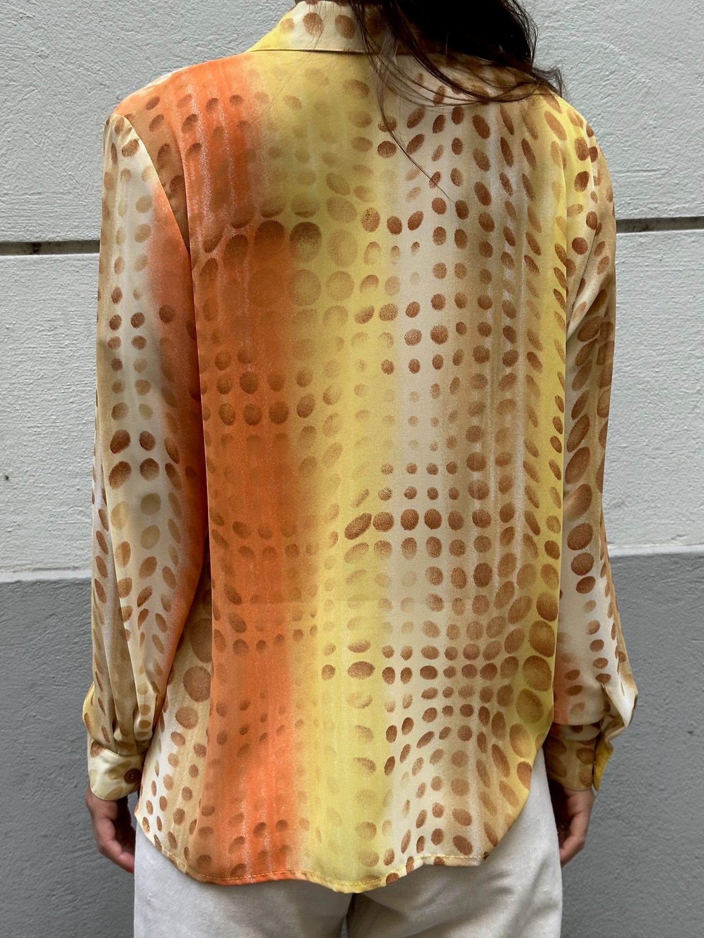 Vintage Trippy Orange Yellow Beige Button Down Blouse M