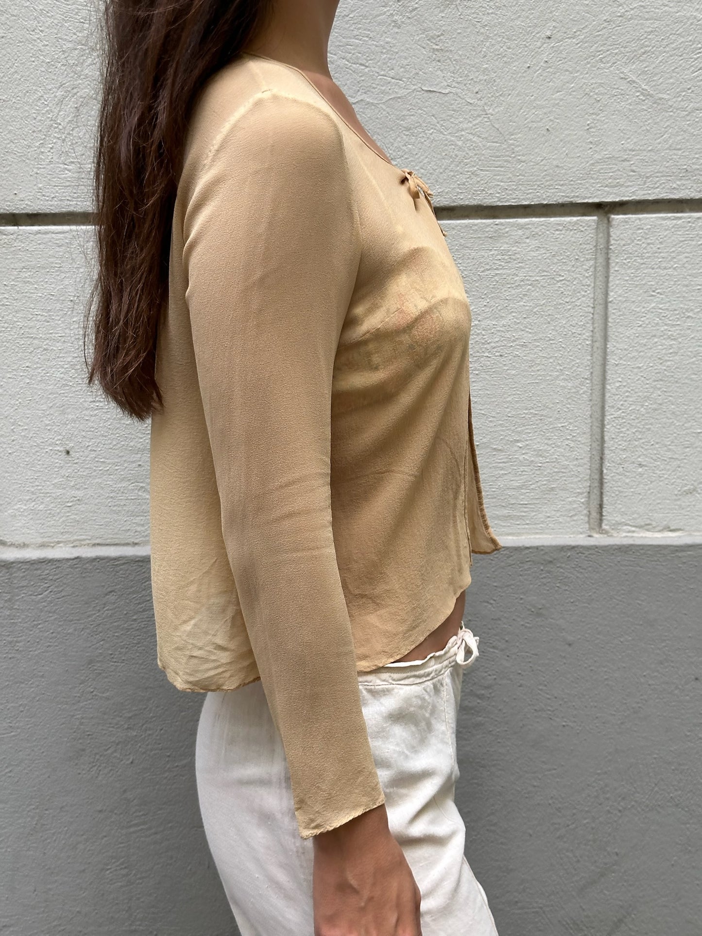 Vintage Silk Beige Single Tie Blouse S