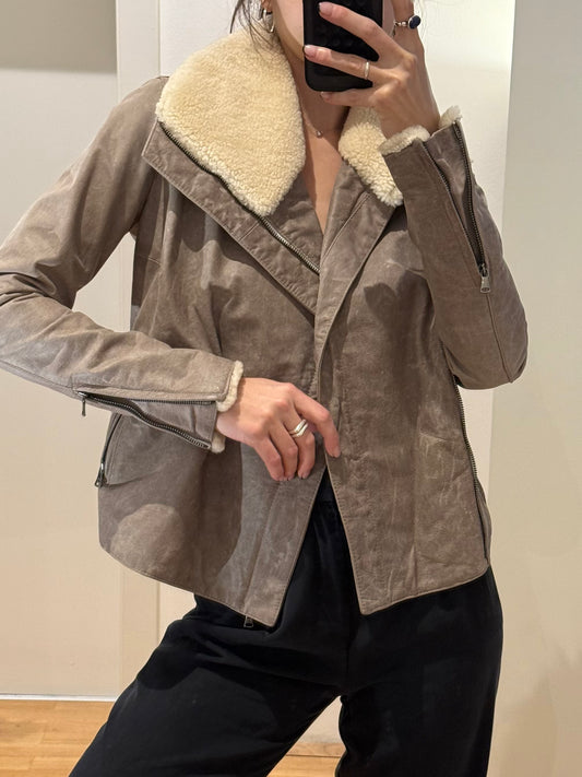 Vintage 100% Genuine Leather Taupe Faux Shearling Jacket XS