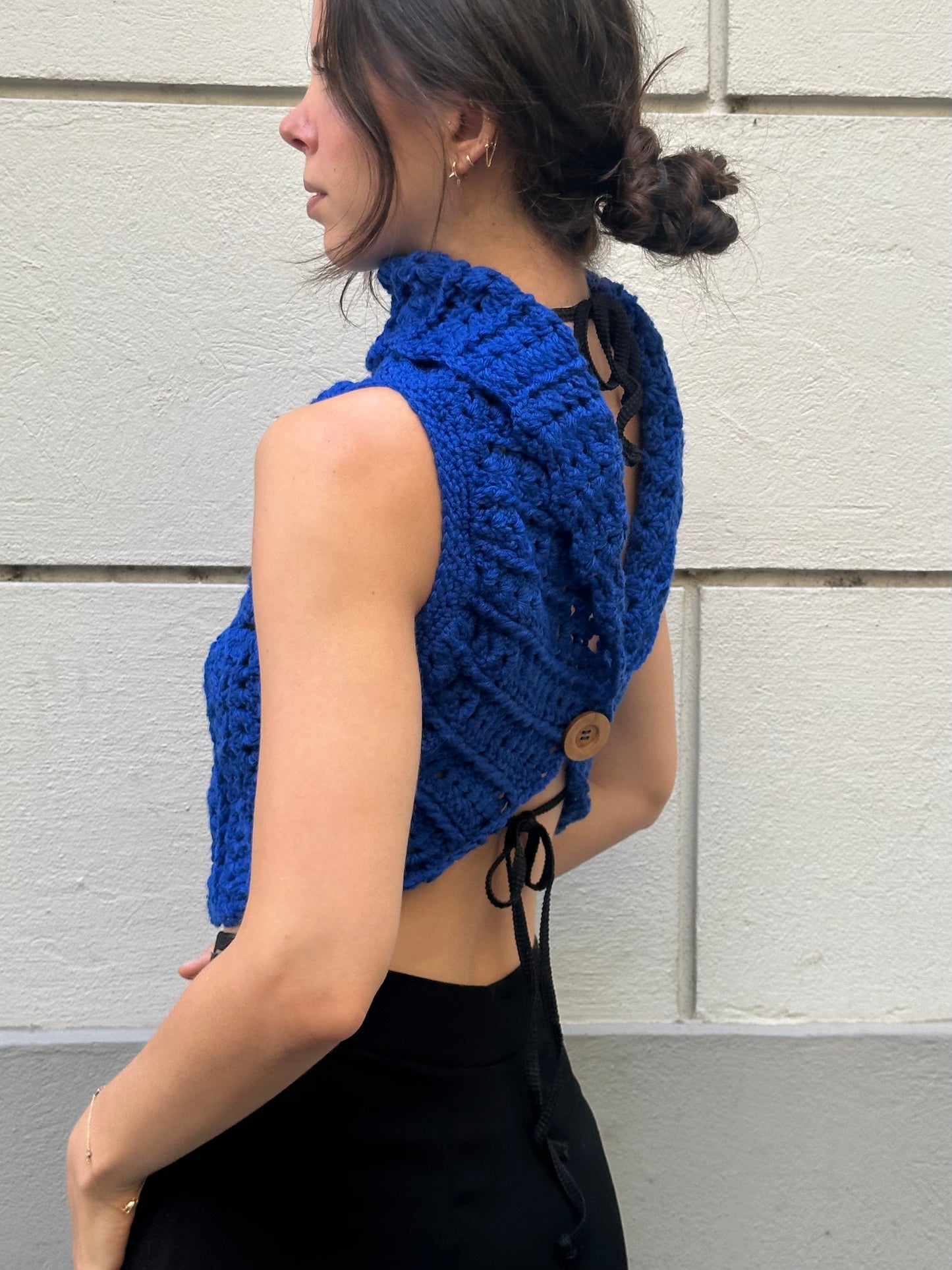 Vintage Royal Blue Handmade Knitted Crop Cardigan Bolero XS/S