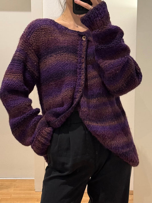 Vintage Wool Handmade Purple Stripe Cardigan Sweater L