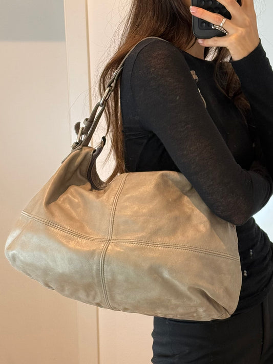 Vintage 100% Genuine Leather Taupe Hobo Shoulder Bag L