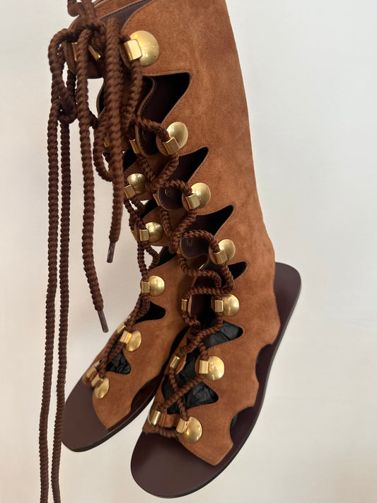 Chloé Brown Suede Leather Roman Sandals 37