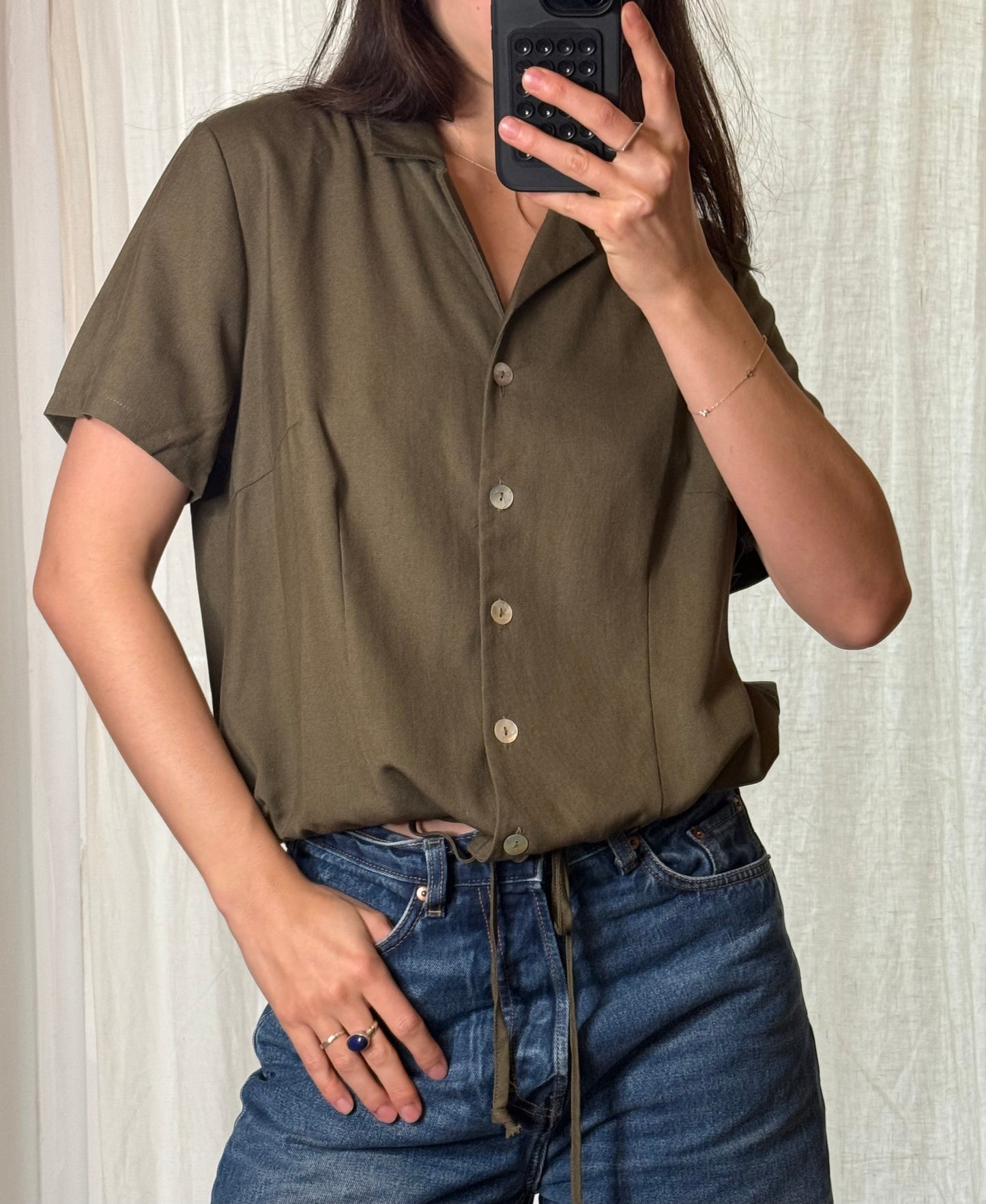 Vintage Viscose/Linen Dark Olive Green Button Down Top S