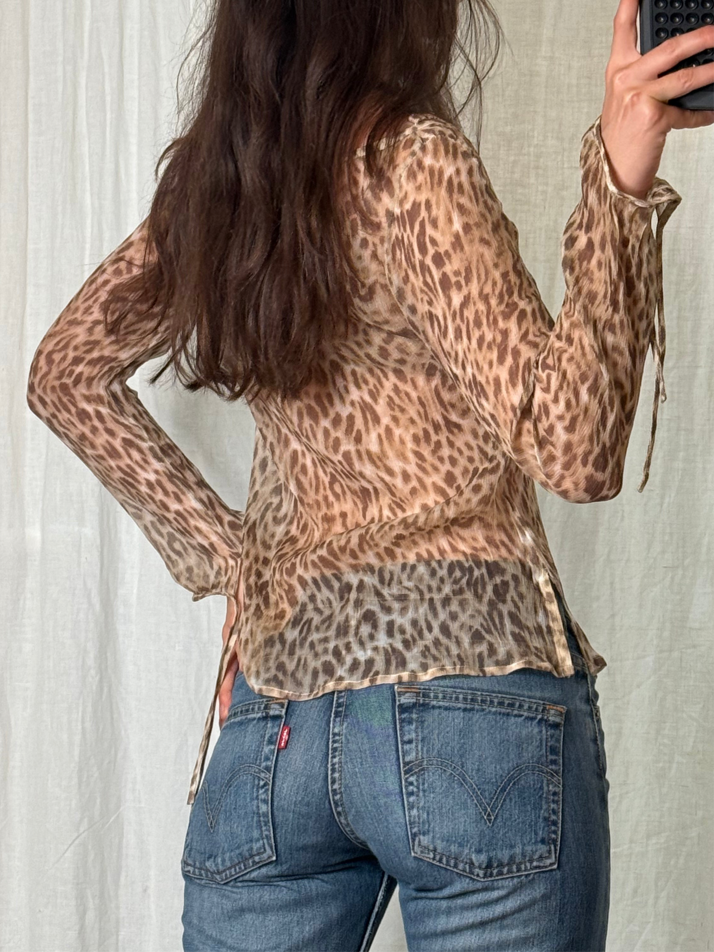 100% Silk Leopard Tie Neckline Blouse S/M