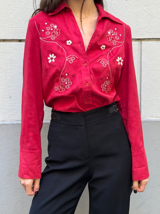 Vintage Red Vegan Suede Button Down Shirt S