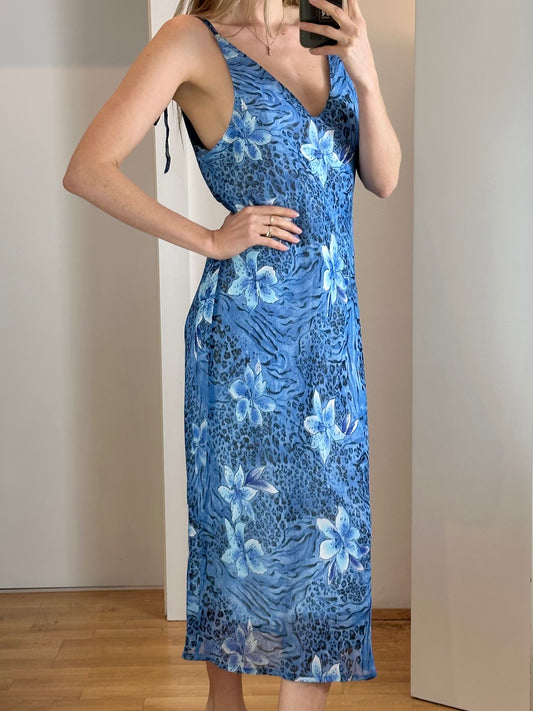 Vintage Floral Blue Maxi Dress M