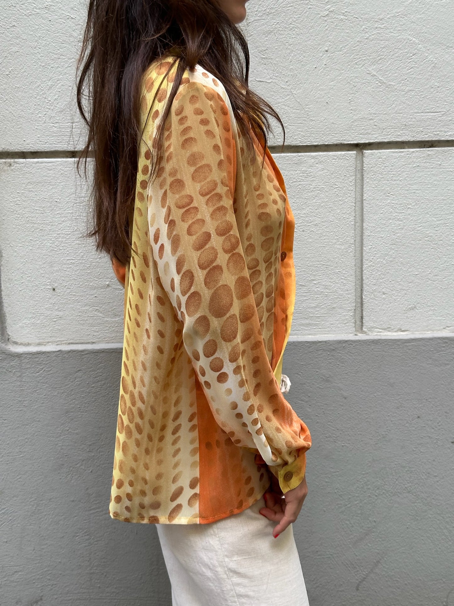 Vintage Trippy Orange Yellow Beige Button Down Blouse M