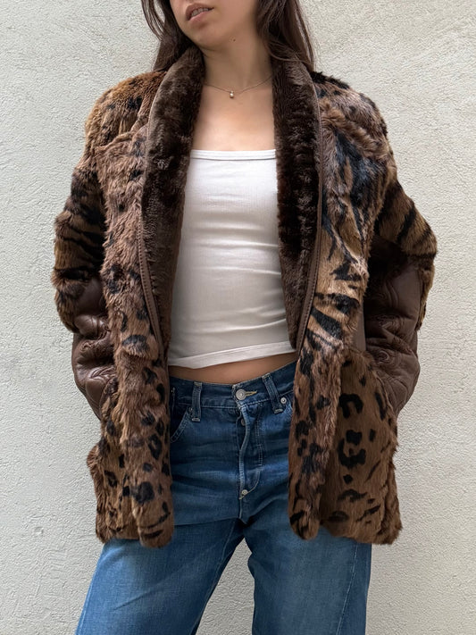 Vintage Tiger/Cheetah Real Lamb Shearling & Fur Brown Embroidered Coat