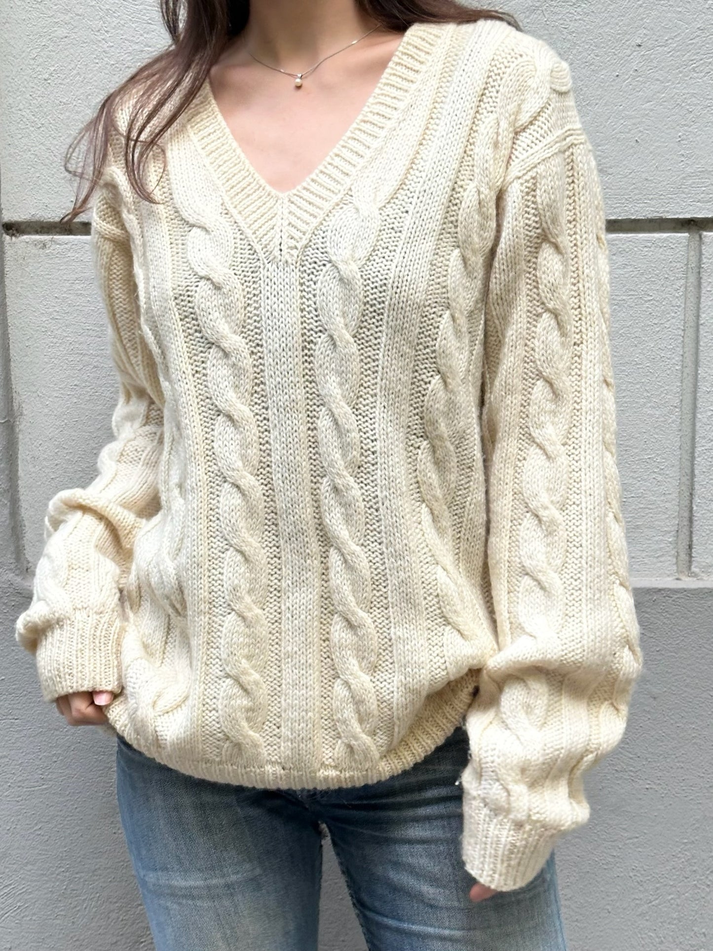 Vintage Wool Blend Cream Cable Knit Pullover Sweater L