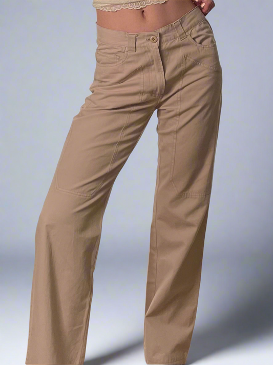 Vintage 100% Cotton Khaki High Waisted Trousers M/L EU 40