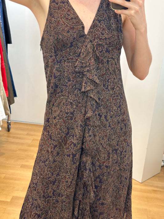 Ralph Lauren Silk Paisley Brown Midi Dress L
