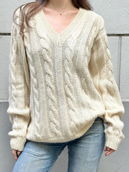 Vintage Wool Blend Cream Cable Knit Pullover Sweater L