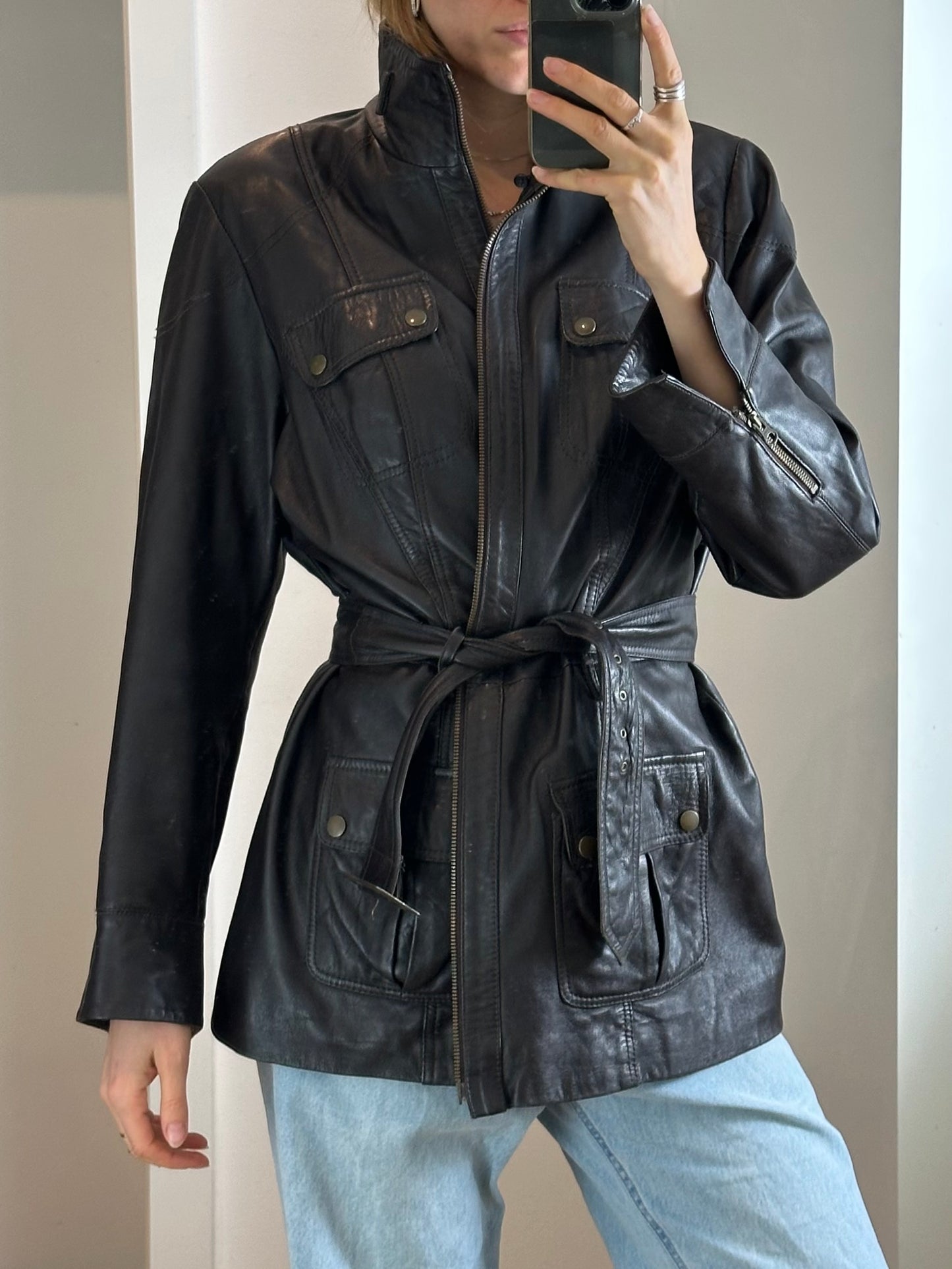 Vintage Belted Dark Brown Leather Jacket M/L