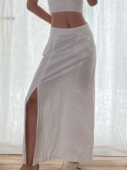 Vintage 100% Linen White Maxi Skirt M