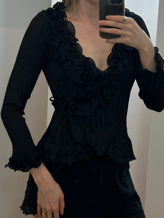 Vintage Black Frills Blouse S